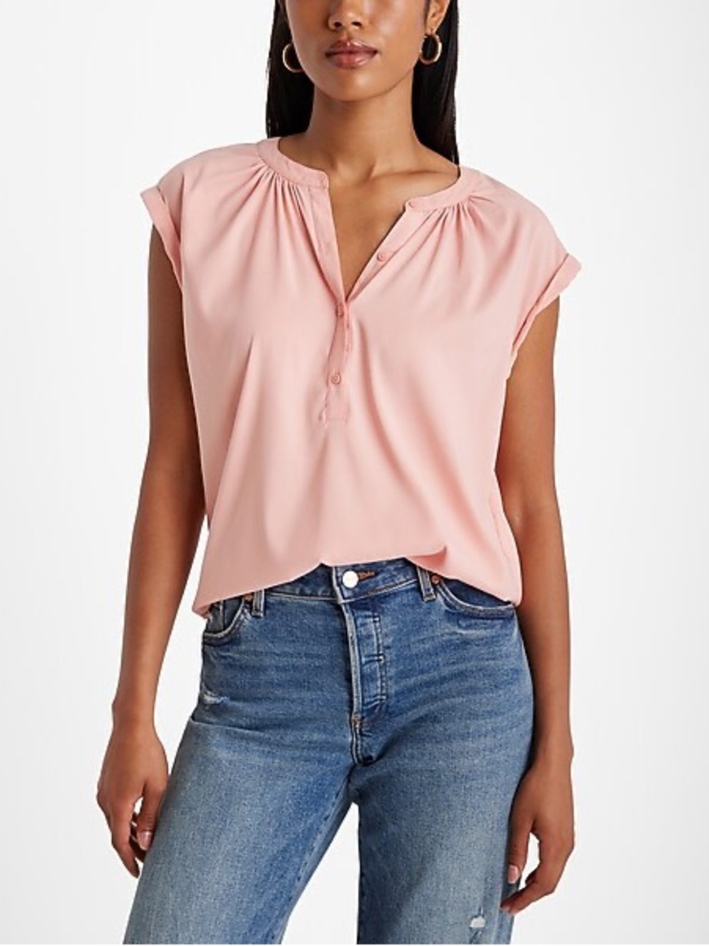 RACHEL Rachel Roy Blush Pink Cap-Sleeve Henley Blouse SZ M Pull on NWOT